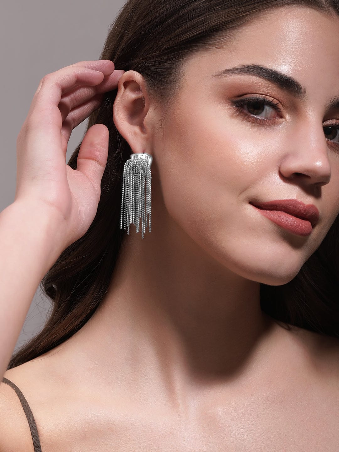 Multi-Strand Beaded Tassel Dangler Earrings Silver