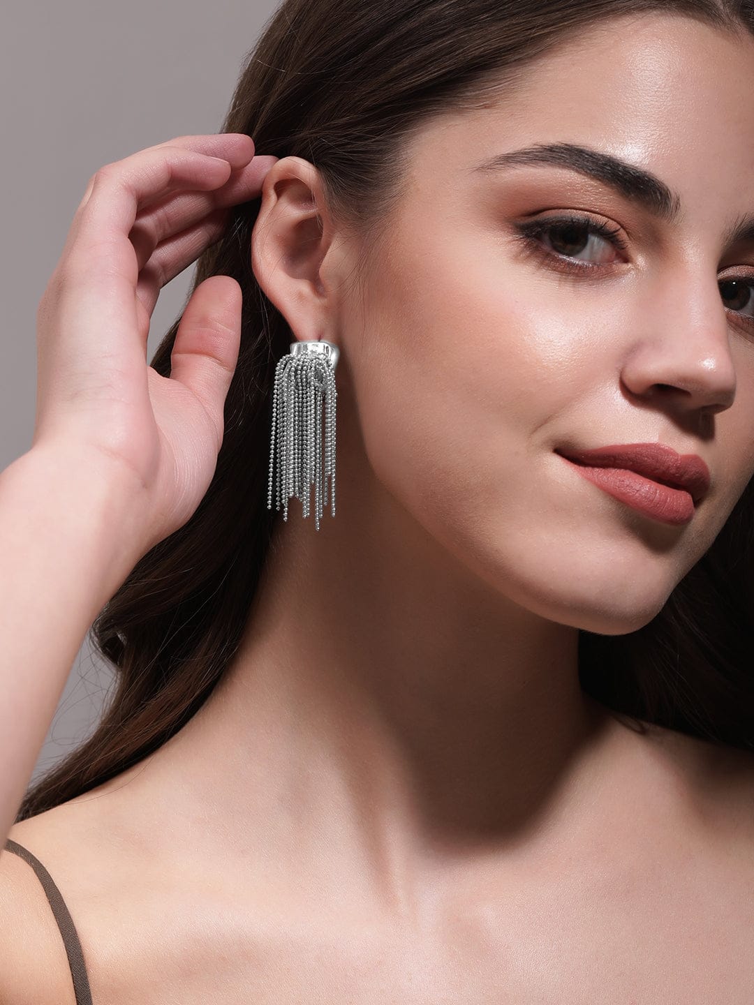 Multi-Strand Beaded Tassel Dangler Earrings Silver