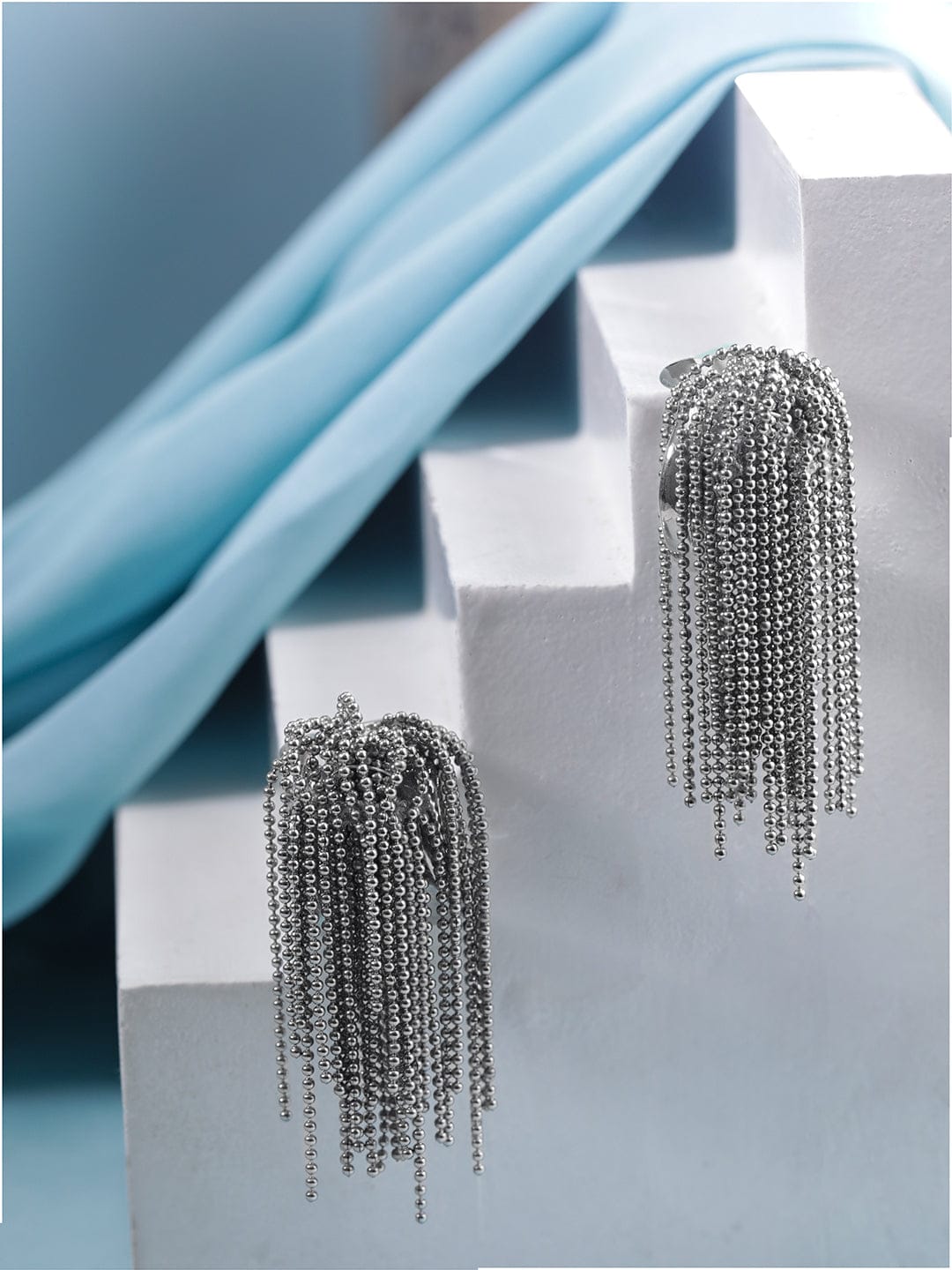Multi-Strand Beaded Tassel Dangler Earrings Silver