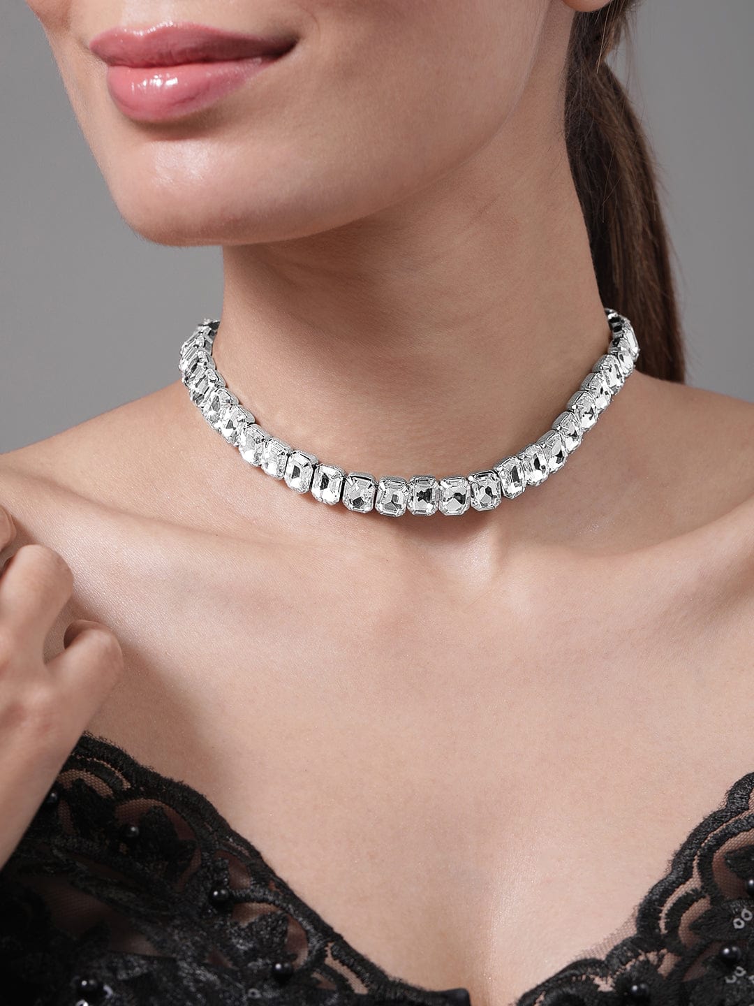 Opulent Crystal Studded Choker Necklace Silver