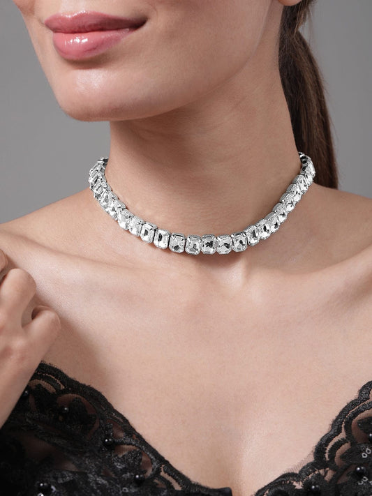 Opulent Crystal Studded Choker Necklace Silver