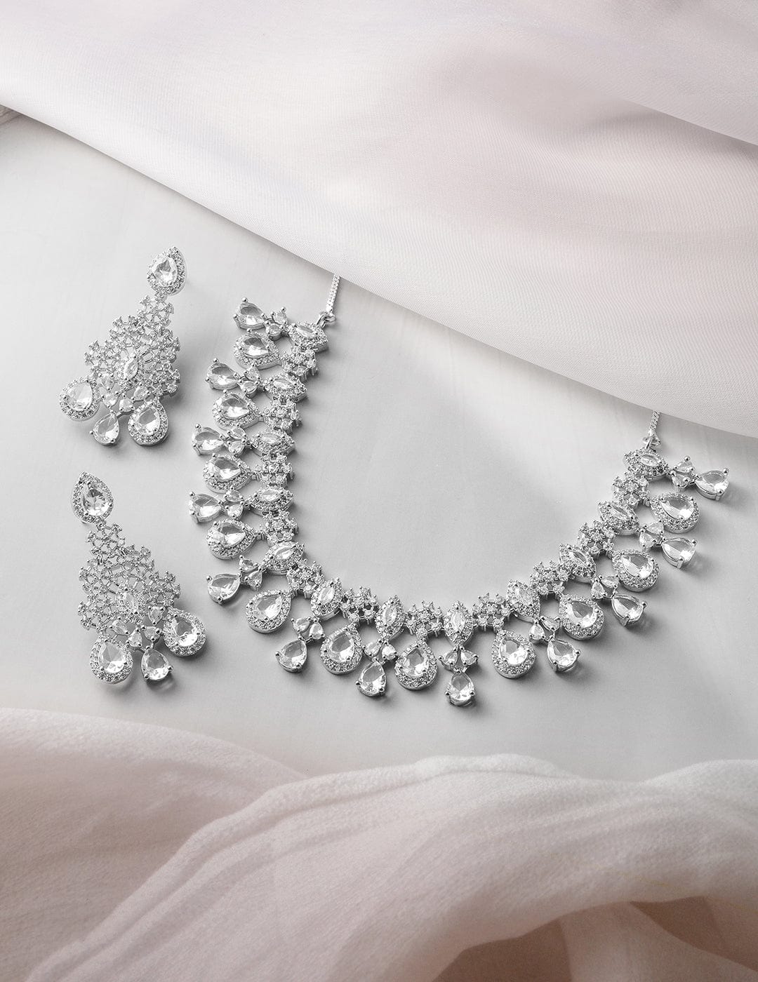 American Diamond Zirconia Teardrop Necklace Set Green