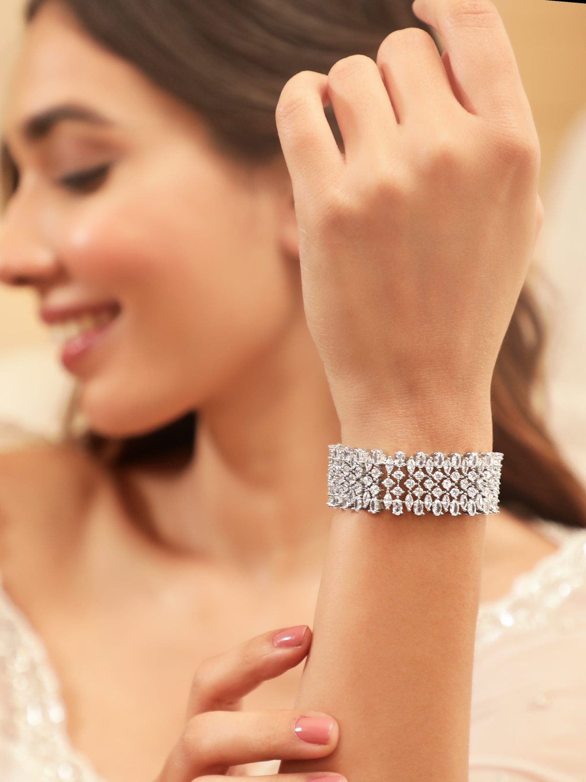 Rubans Rhodium plated Crystal Marquise Zirconia Statement Bracelet. Silver