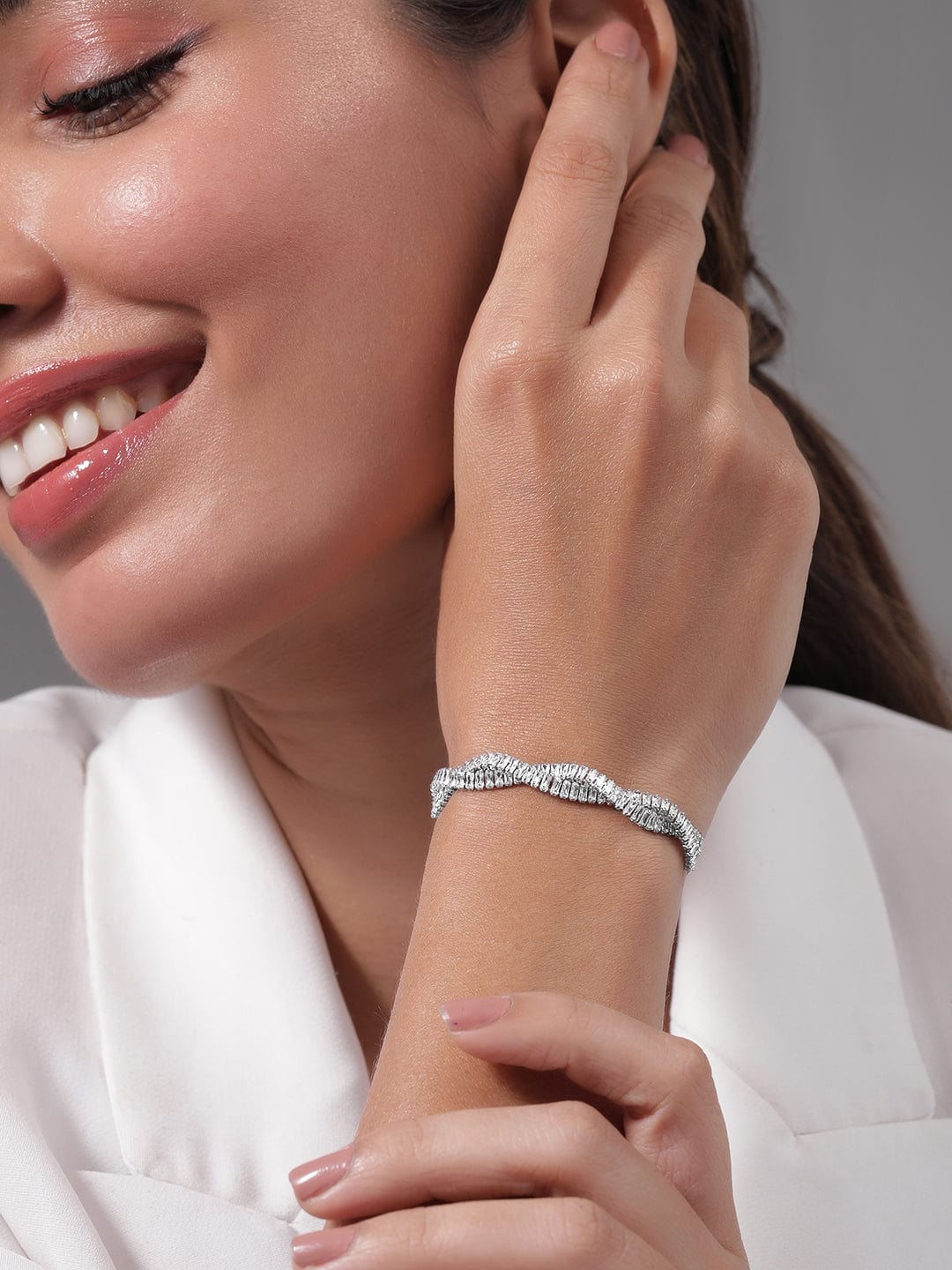 Twisted Baguette American Diamond Zirconia Bracelet Silver