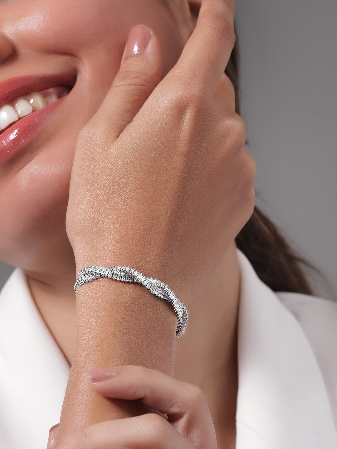 Twisted Baguette American Diamond Zirconia Bracelet Silver