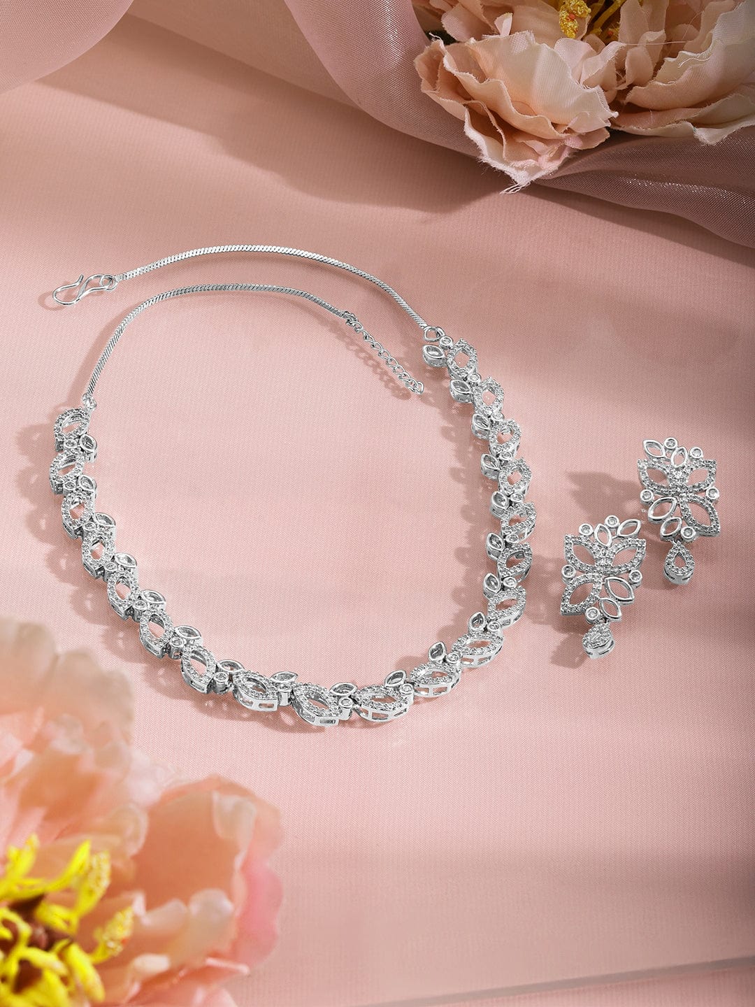 Leaf Motif American Diamond Zirconia Necklace Set Silver