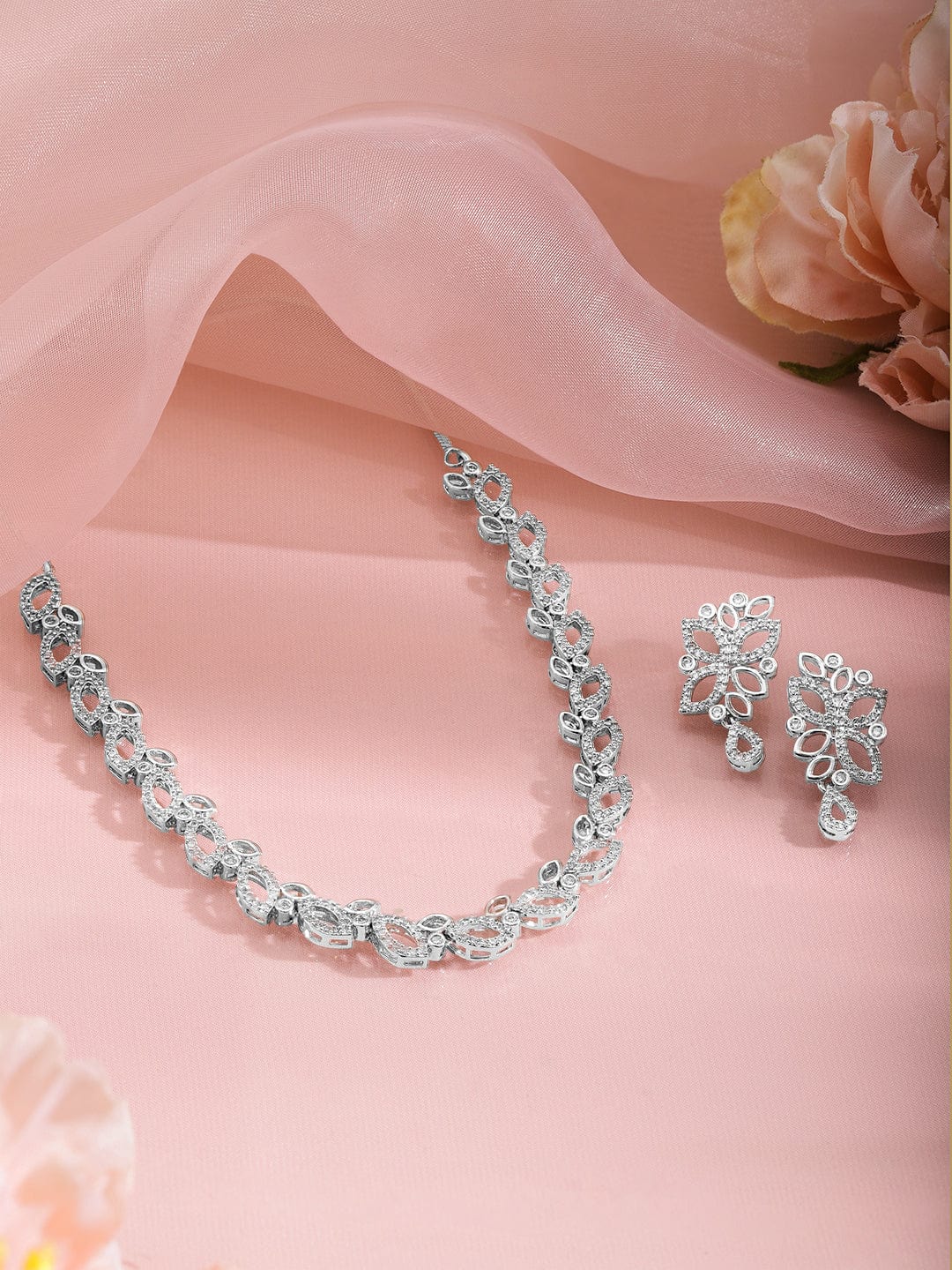 Leaf Motif American Diamond Zirconia Necklace Set Silver