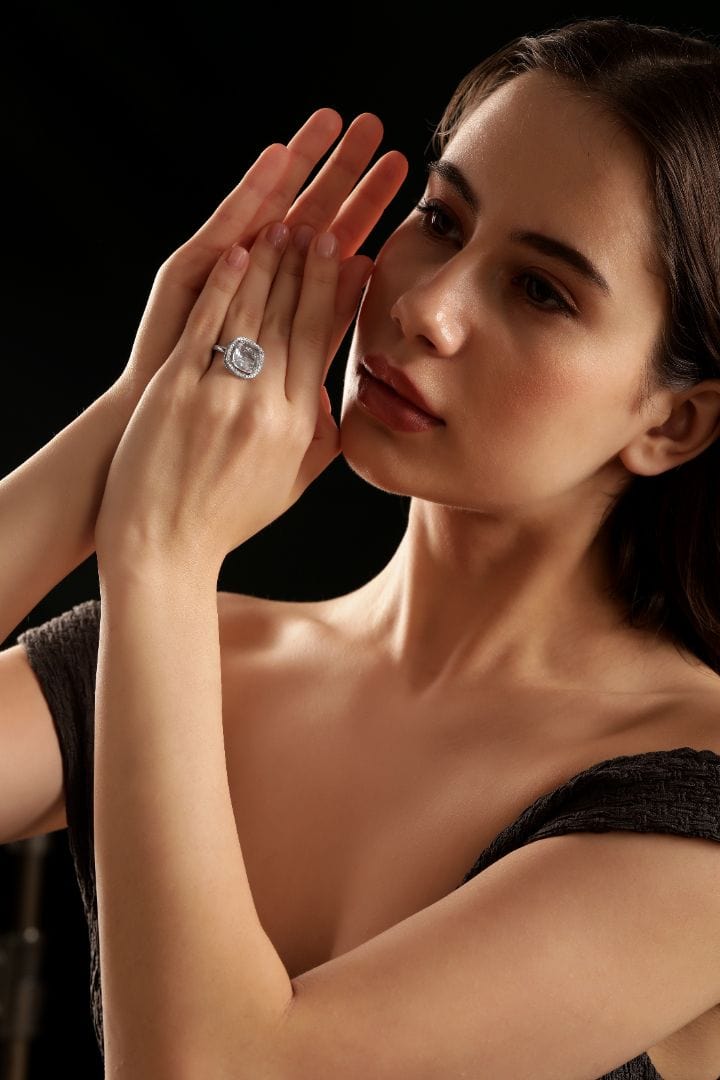 American Diamond Zirconia Cushion Cut Ring Silver