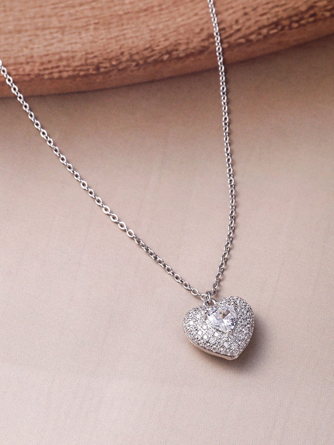 American Diamond Zirconia Heart Shape Pendant Set Silver