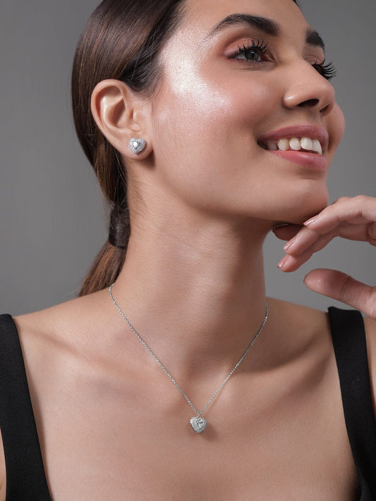 American Diamond Zirconia Heart Shape Pendant Set Silver