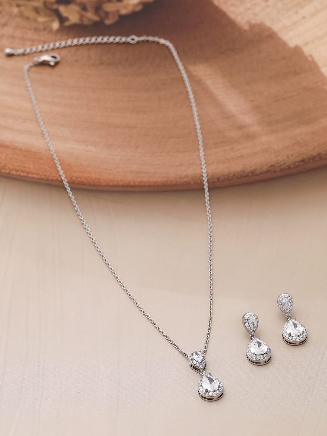 Teardrop Studded American Diamond Zirconia Necklace Set Silver