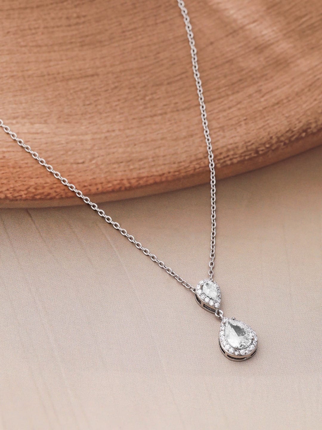 Teardrop Studded American Diamond Zirconia Necklace Set Silver