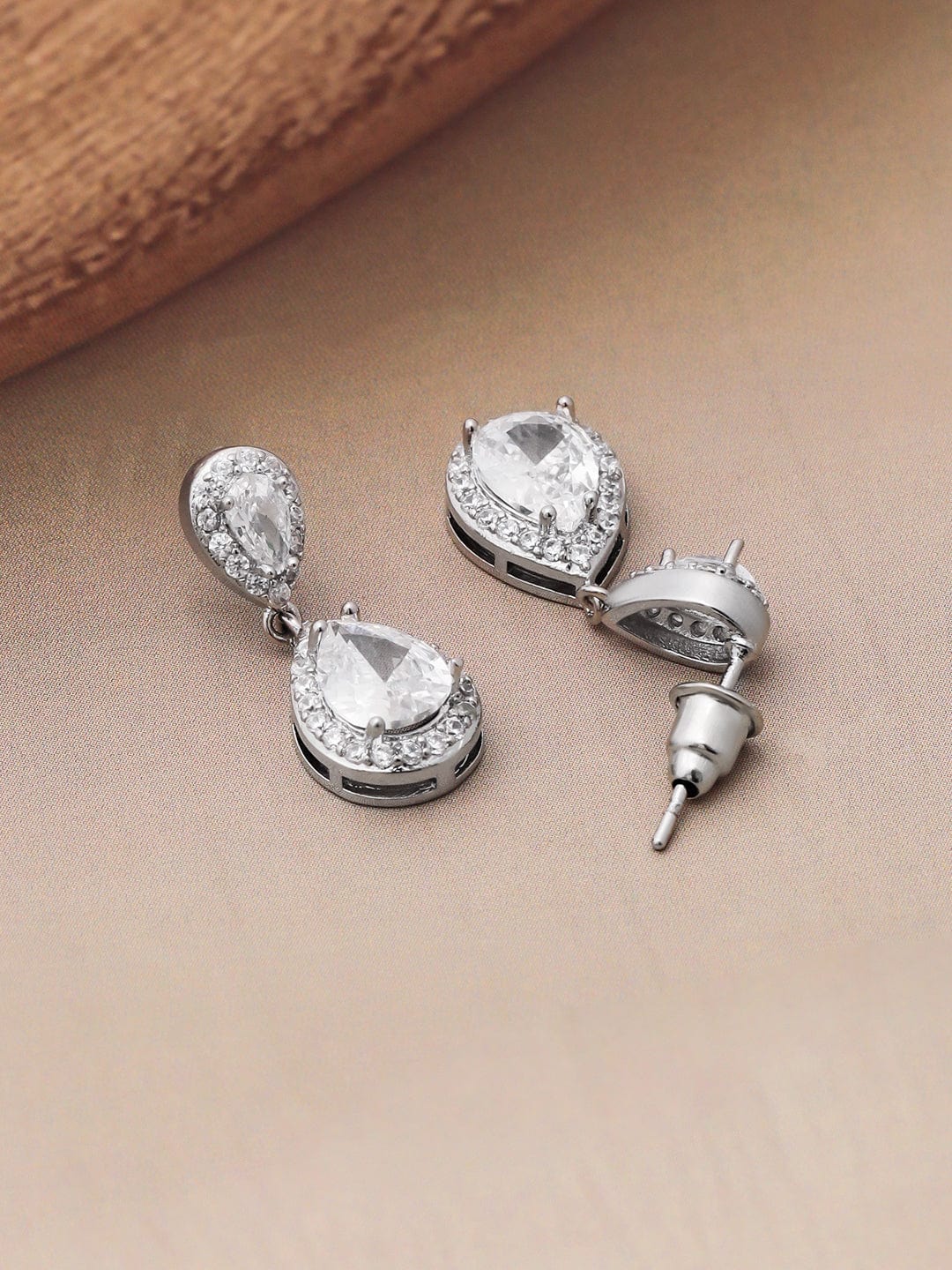 Teardrop Studded American Diamond Zirconia Necklace Set Silver