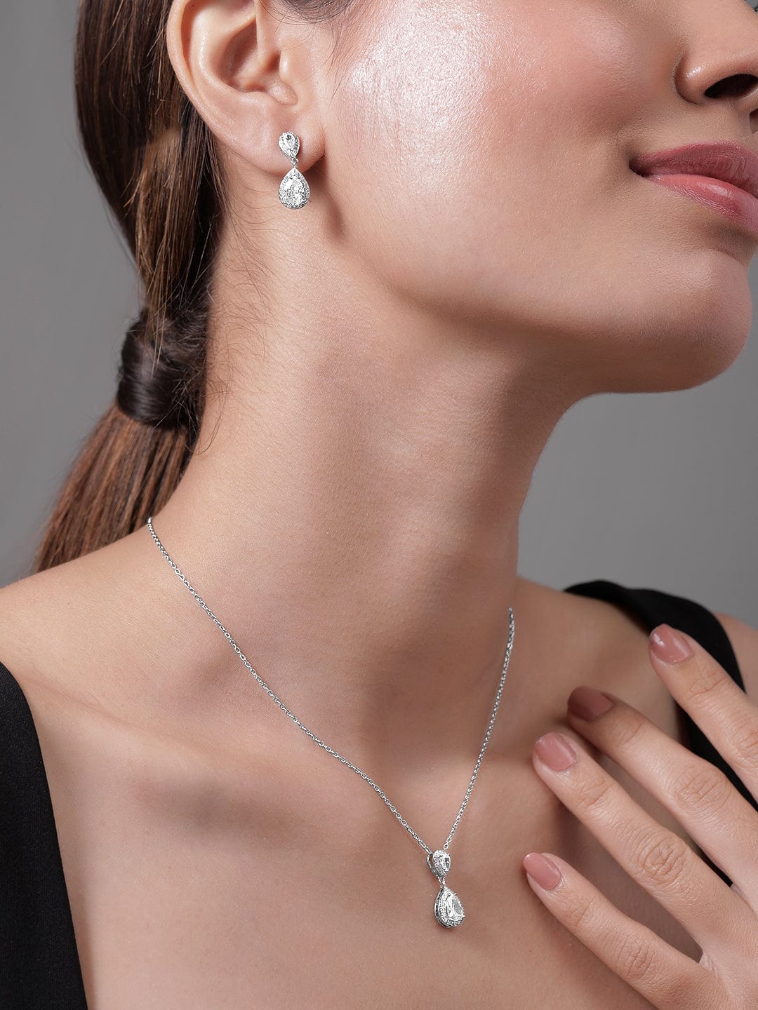Teardrop Studded American Diamond Zirconia Necklace Set Silver