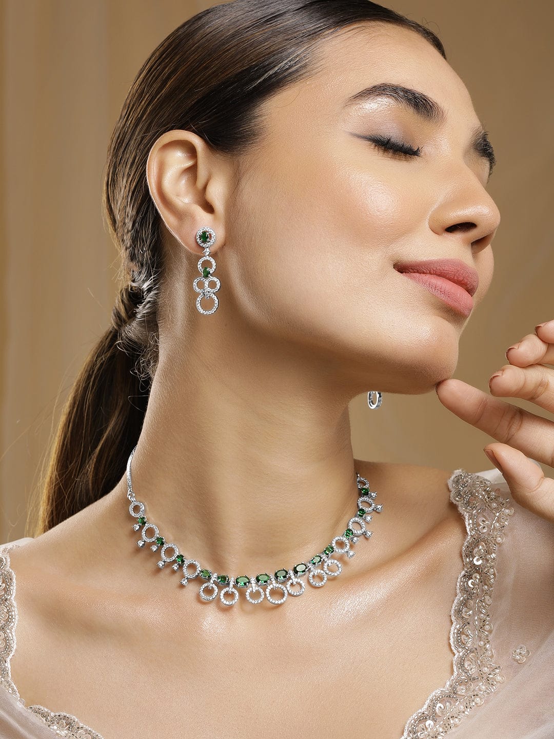 Ring Motif American Diamond Zirconia Necklace Set フリーサイズ