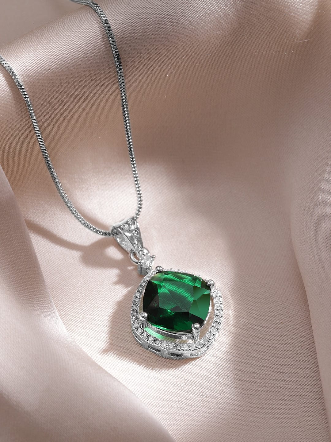 American Diamond Zirconia Emerald Studded Pendant Necklace Set Green