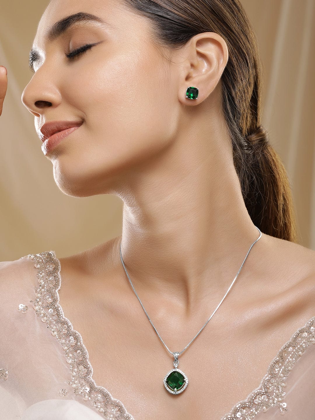 American Diamond Zirconia Emerald Studded Pendant Necklace Set Green