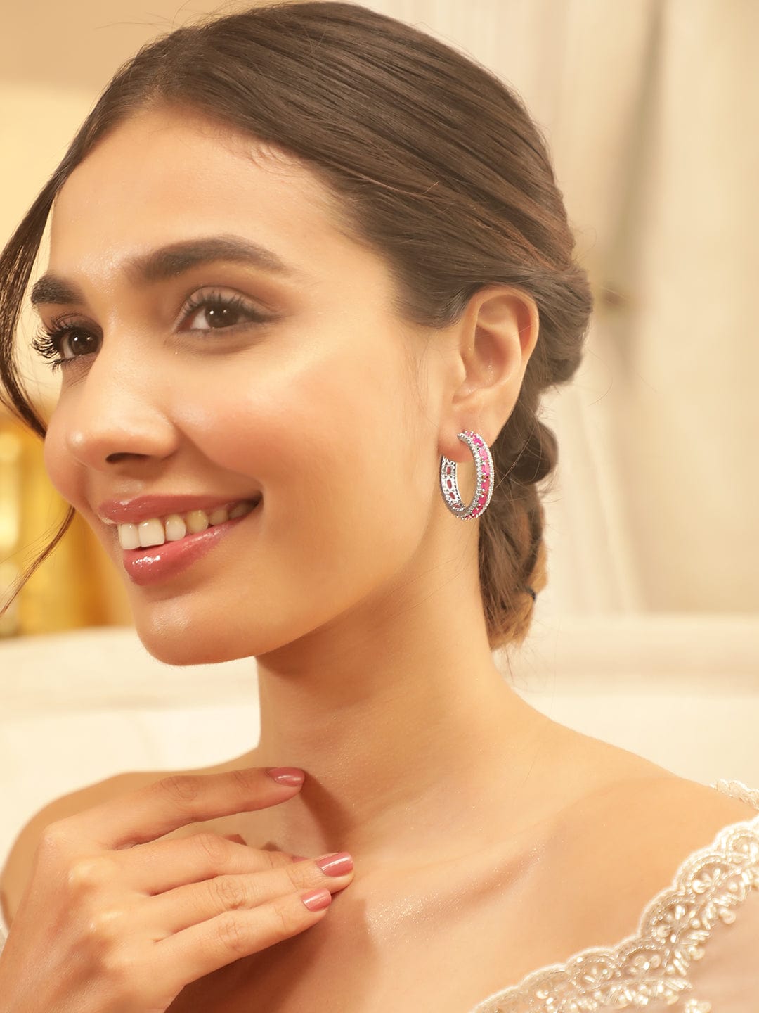 Vibrant Pink American Diamond Zirconia Hoops Pink