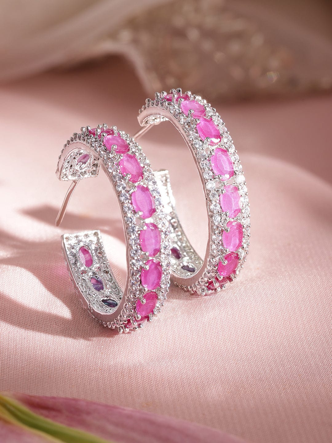 Vibrant Pink American Diamond Zirconia Hoops Pink