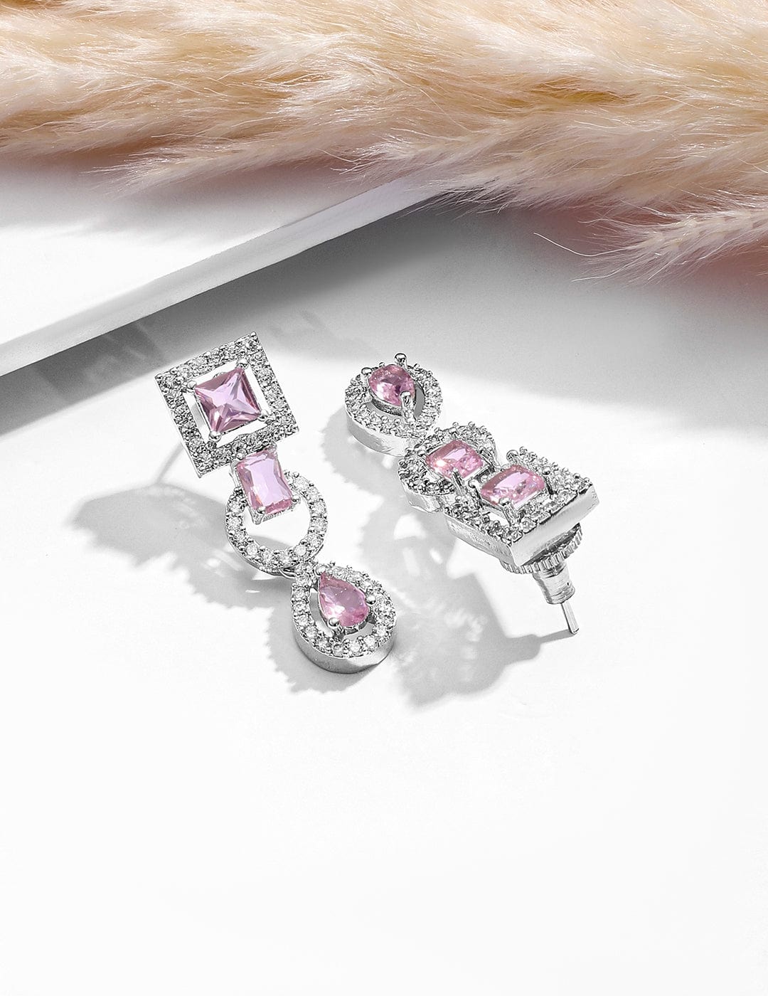 Pink American Diamond Zirconia Studded Necklace Set Silver