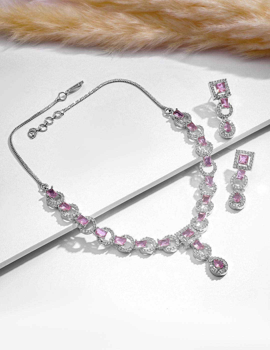 Pink American Diamond Zirconia Studded Necklace Set Silver