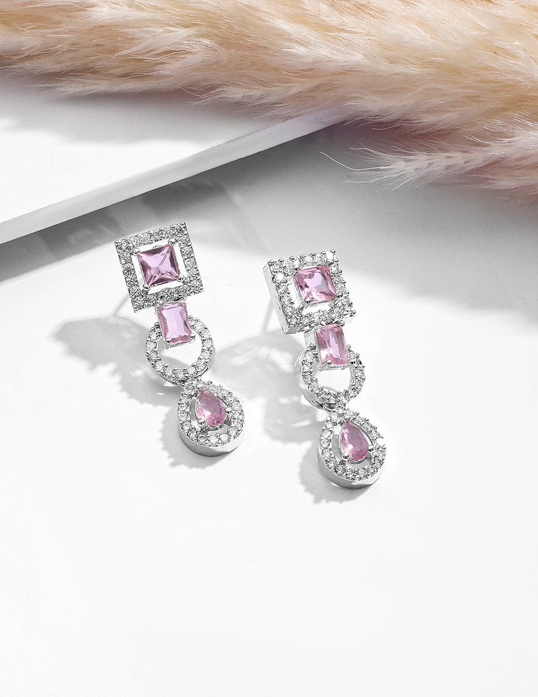 Pink American Diamond Zirconia Studded Necklace Set Silver