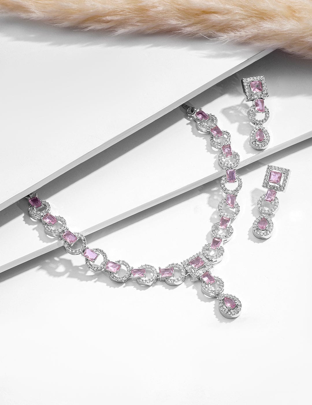 Pink American Diamond Zirconia Studded Necklace Set Silver