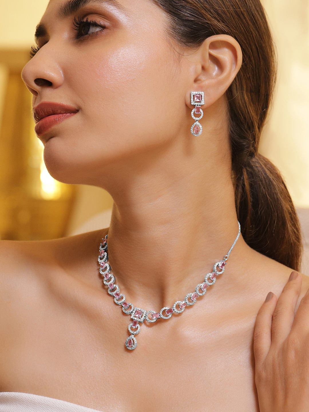 Pink American Diamond Zirconia Studded Necklace Set Silver