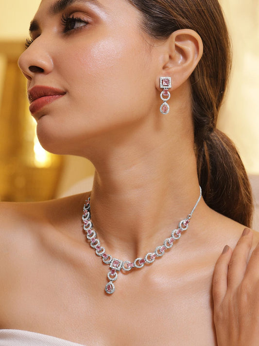 Pink American Diamond Zirconia Studded Necklace Set Silver