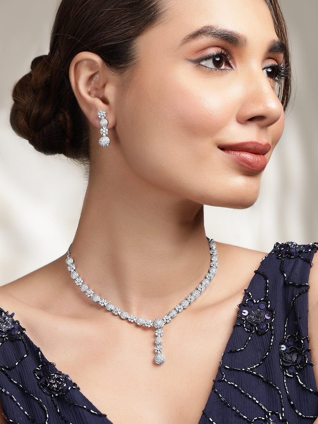 Studded American Diamond Zirconia Necklace Set Silver
