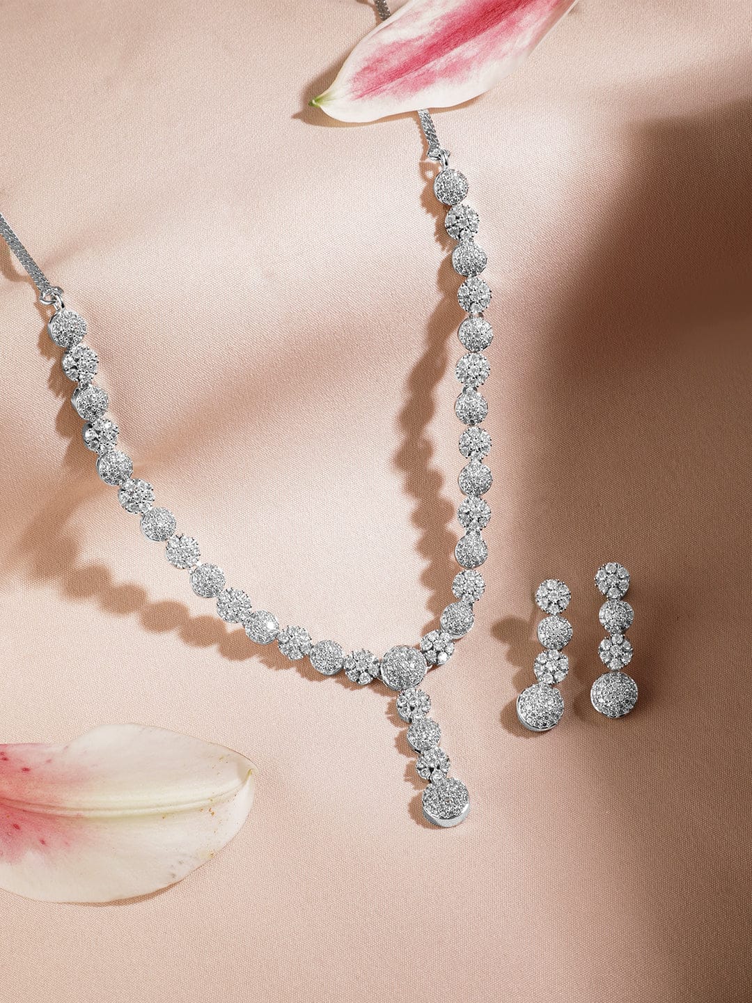Studded American Diamond Zirconia Necklace Set Silver