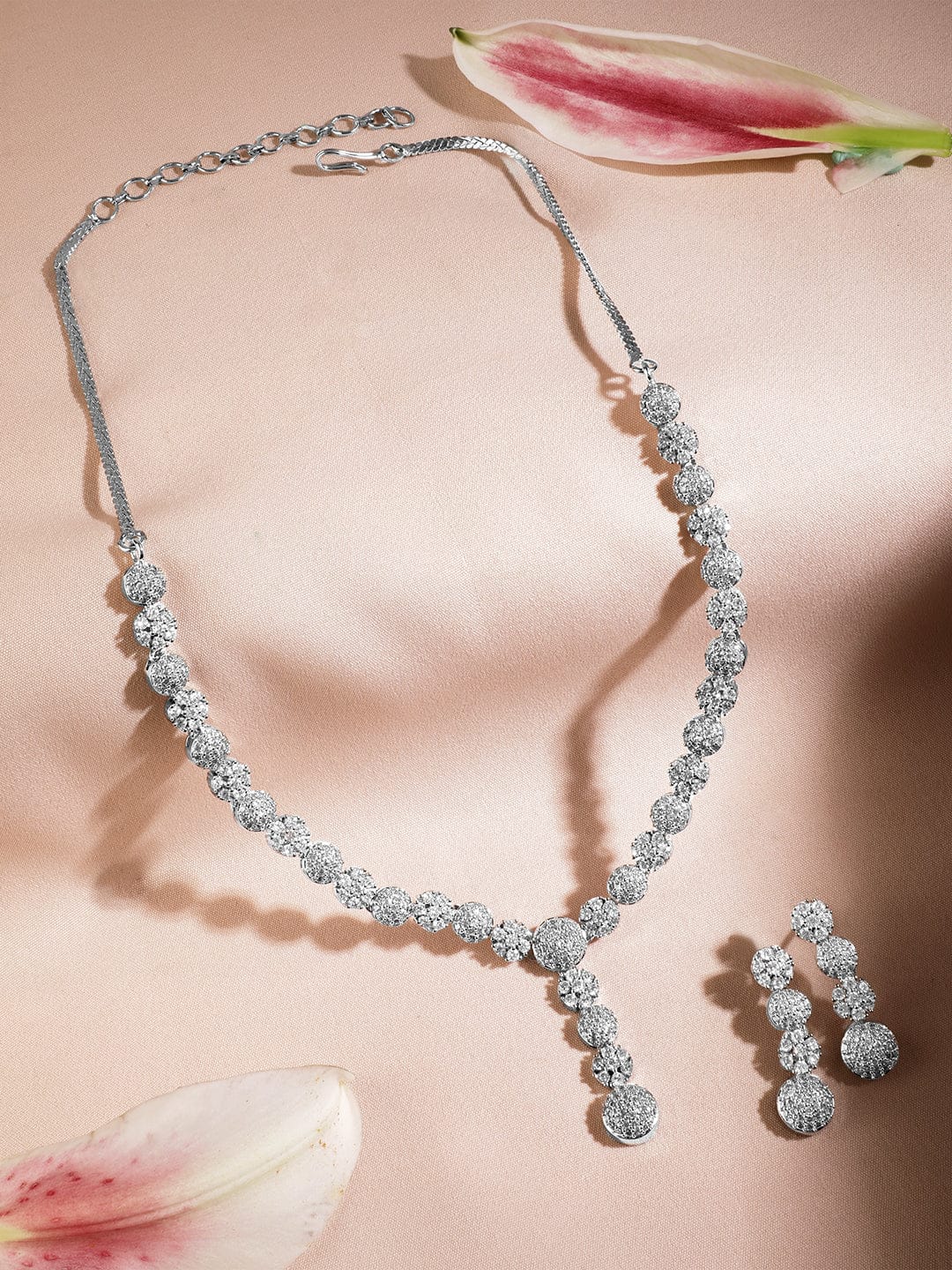 Studded American Diamond Zirconia Necklace Set Silver