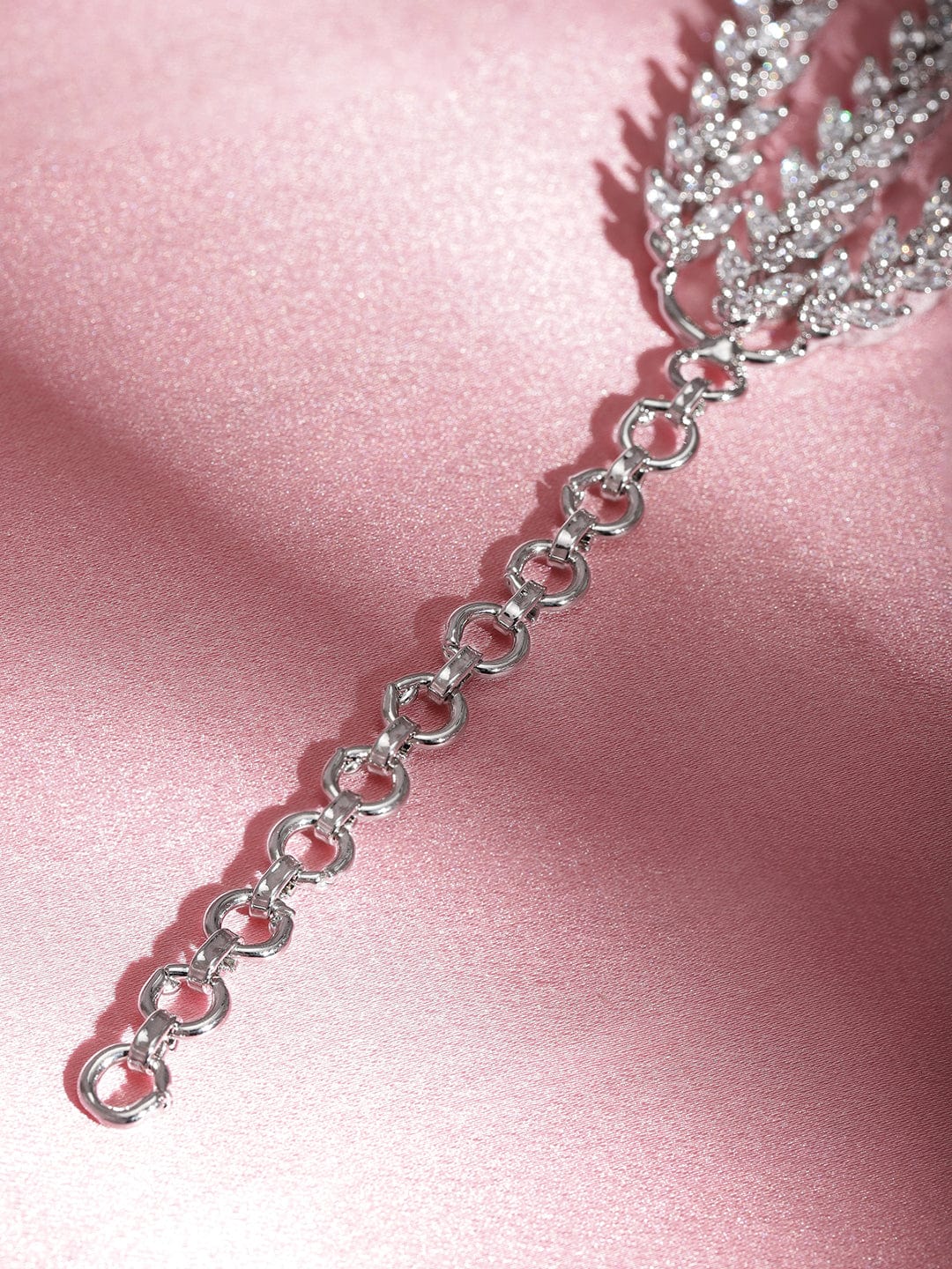 Rubans Rhodium Plated Pave Cubic Zirconia Stone Studded Triple Layer Premium Chain Bracelet Silver