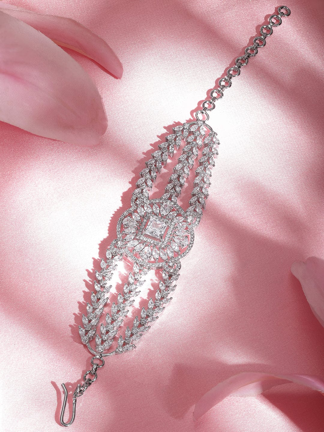 Rubans Rhodium Plated Pave Cubic Zirconia Stone Studded Triple Layer Premium Chain Bracelet Silver