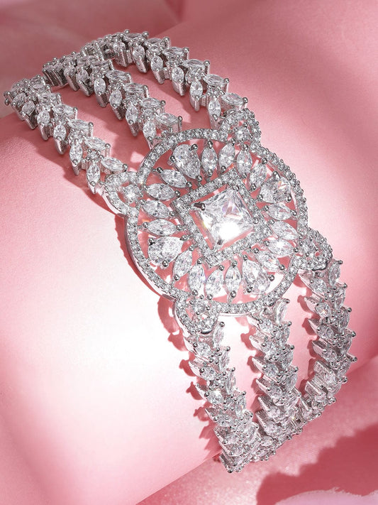 Rubans Rhodium Plated Pave Cubic Zirconia Stone Studded Triple Layer Premium Chain Bracelet Silver