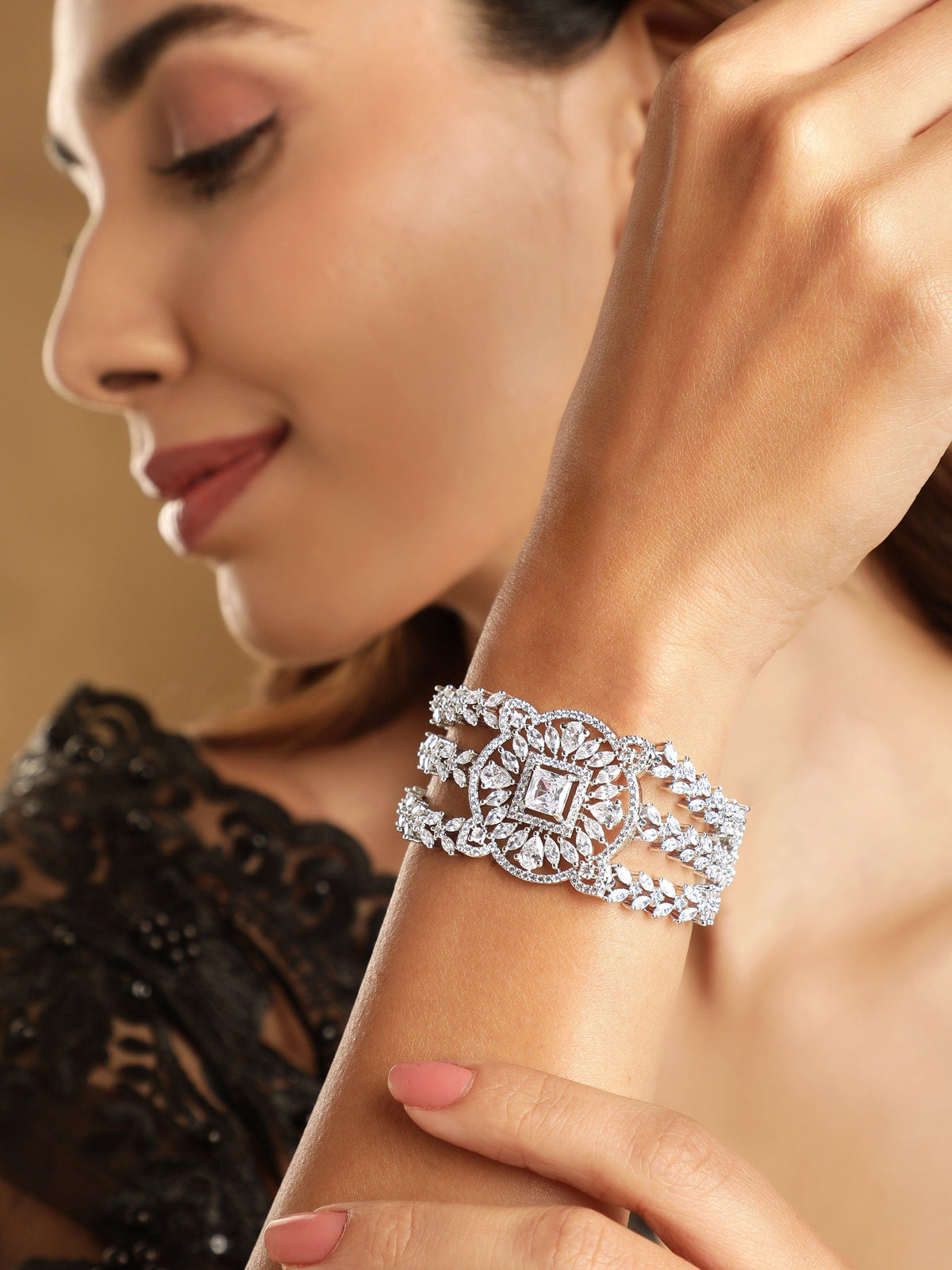 Rubans Rhodium Plated Pave Cubic Zirconia Stone Studded Triple Layer Premium Chain Bracelet Silver