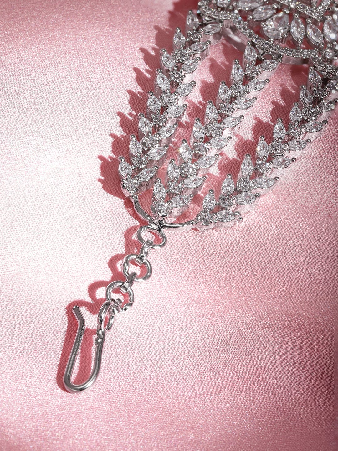 Rubans Rhodium Plated Pave Cubic Zirconia Stone Studded Triple Layer Premium Chain Bracelet Silver