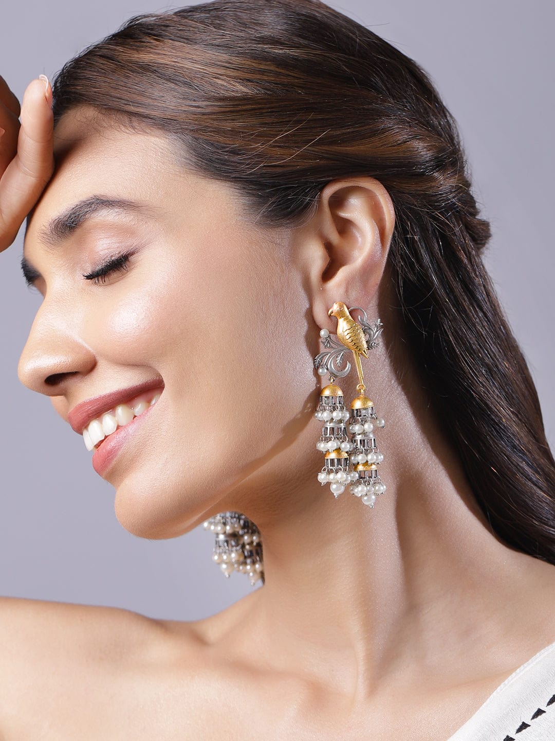 Heritage Bird Oxidised Jhumka dual tone
