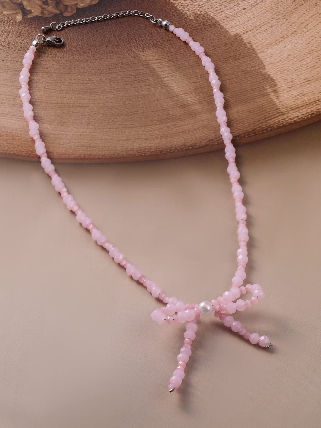 Gleaming Bow Pink American Diamond Zirconia Studded Necklace Silver