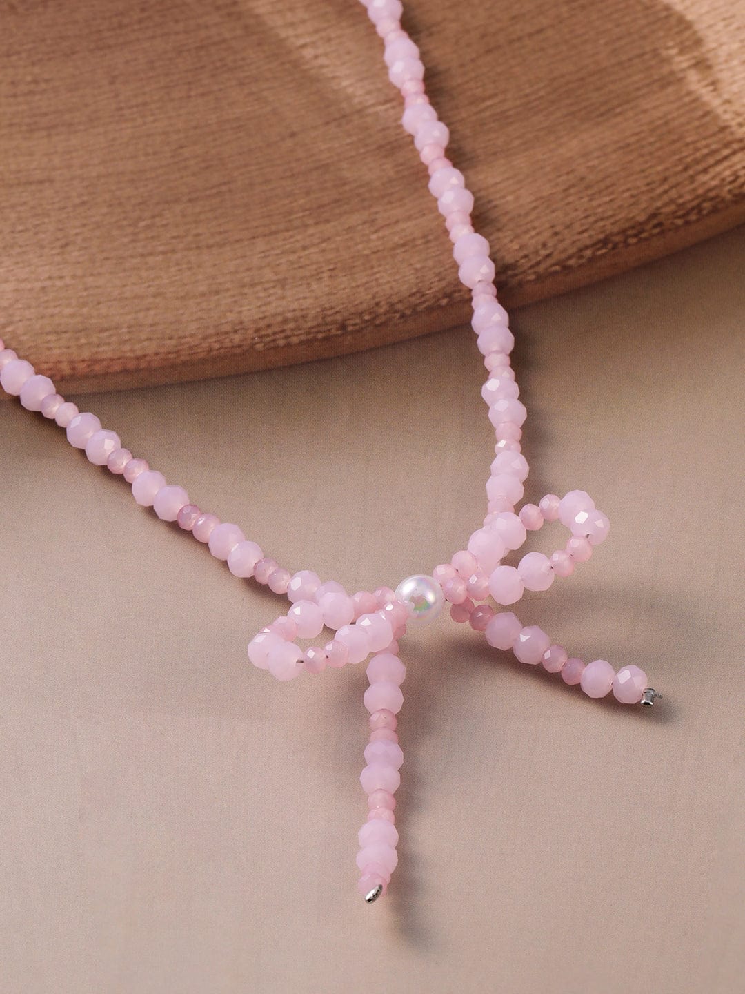 Gleaming Bow Pink American Diamond Zirconia Studded Necklace Silver