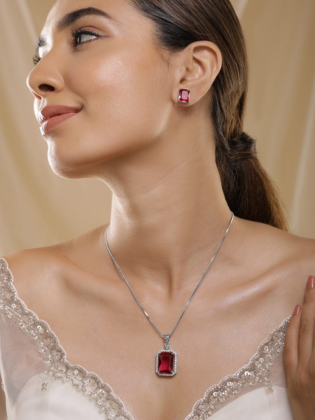 American Diamond Zirconia Ruby Pendant Set Red