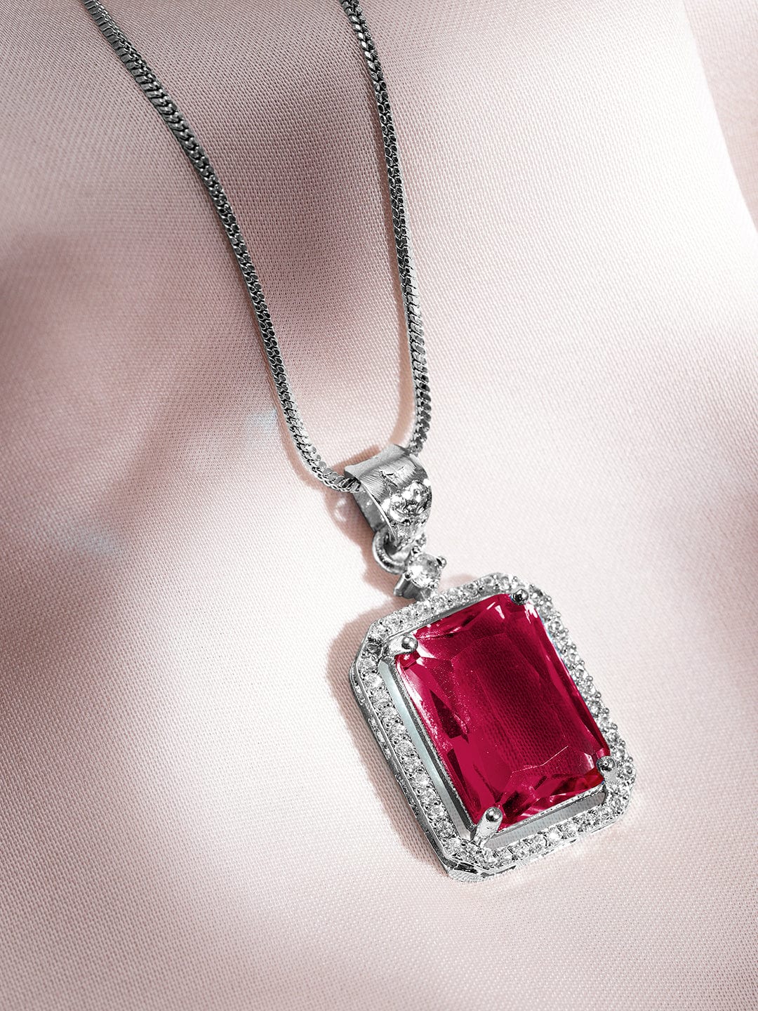 American Diamond Zirconia Ruby Pendant Set Red