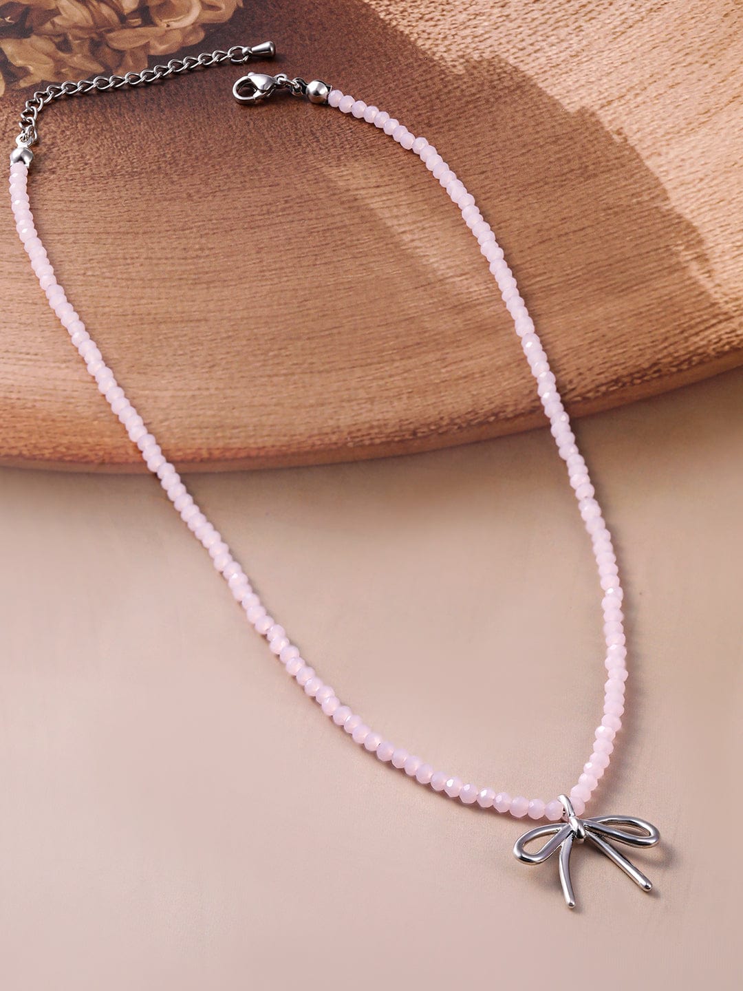 Soft Pink Necklace with Cute Bow Silver