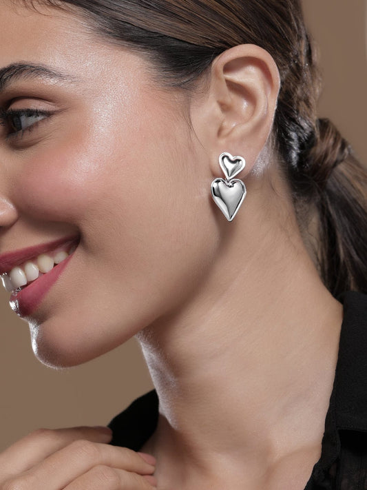 Silver Twin Hearts Bloom Drop Earrings Silver