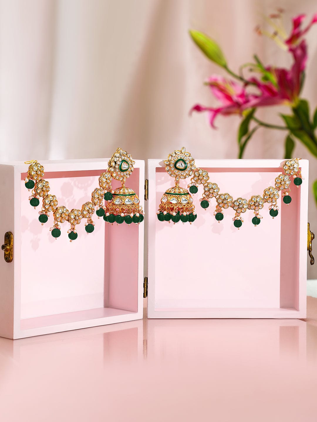 Royal Kaan Chain Kundan Green Jhumka Earrings フリーサイズ