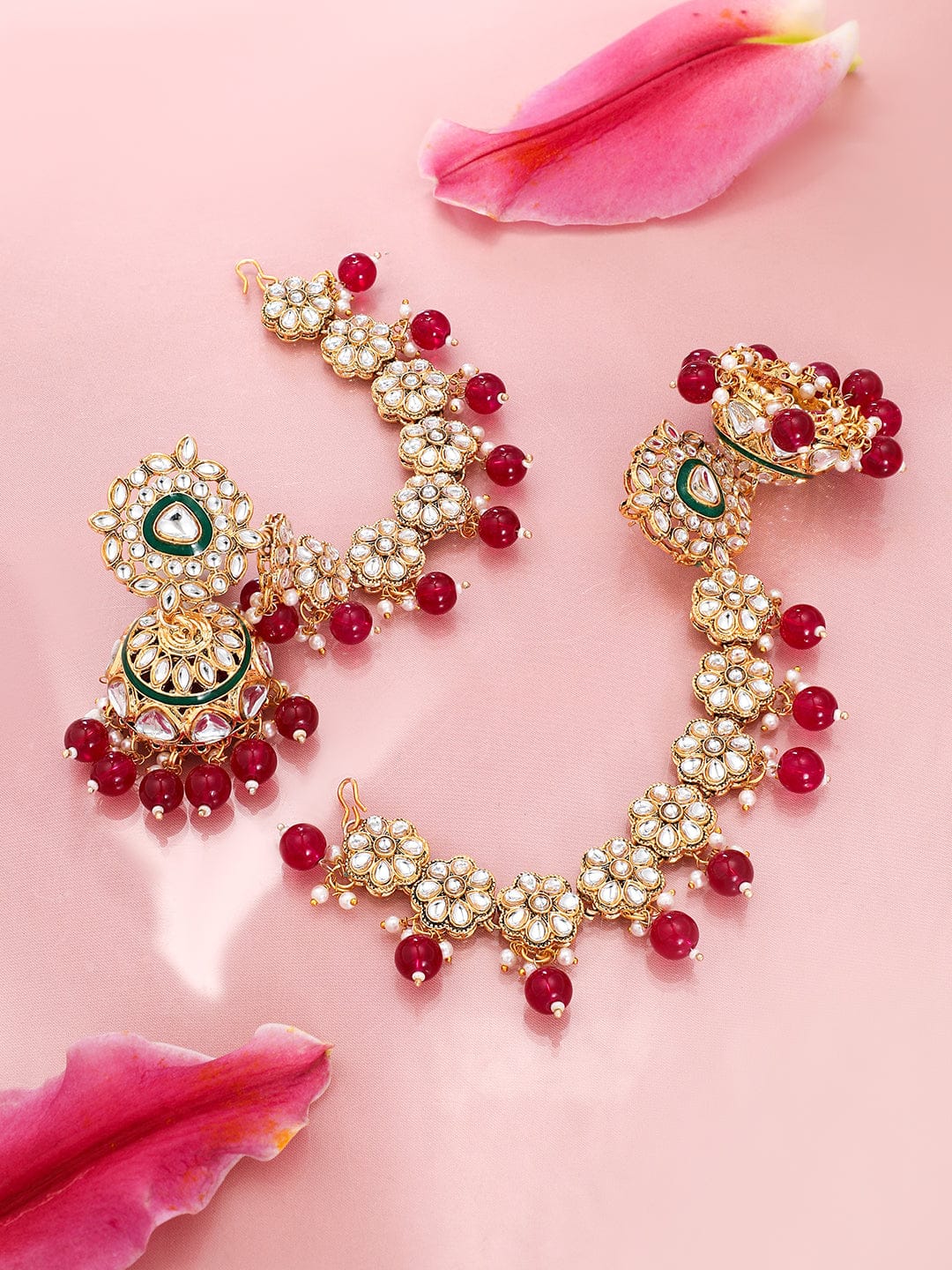 Royal Kaan Chain Kundan Red Jhumka Earrings Gold