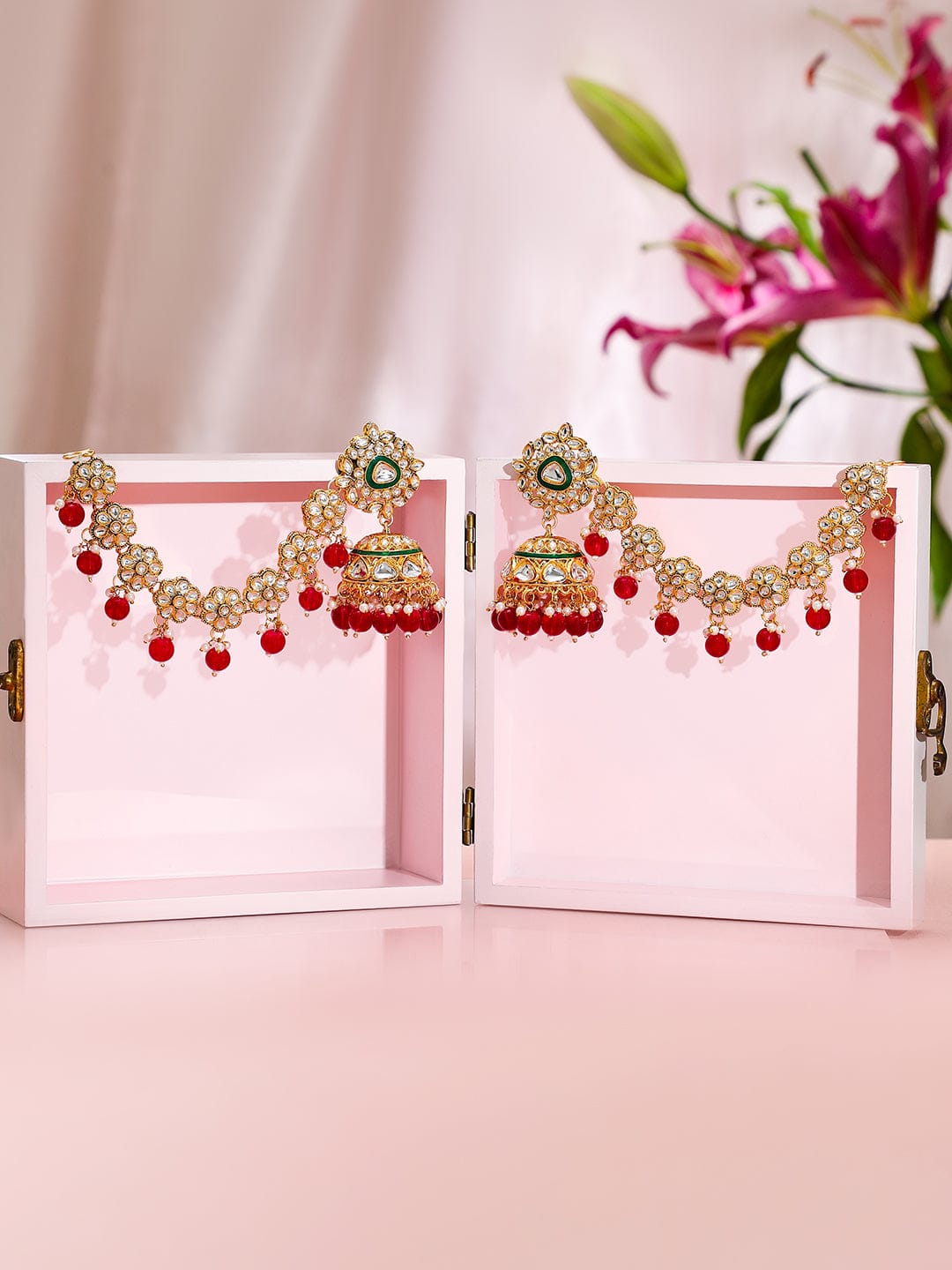 Royal Kaan Chain Kundan Red Jhumka Earrings Gold