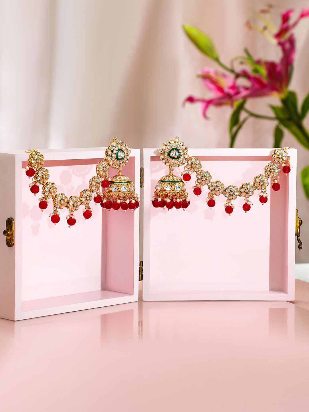 Royal Kaan Chain Kundan Red Jhumka Earrings Gold