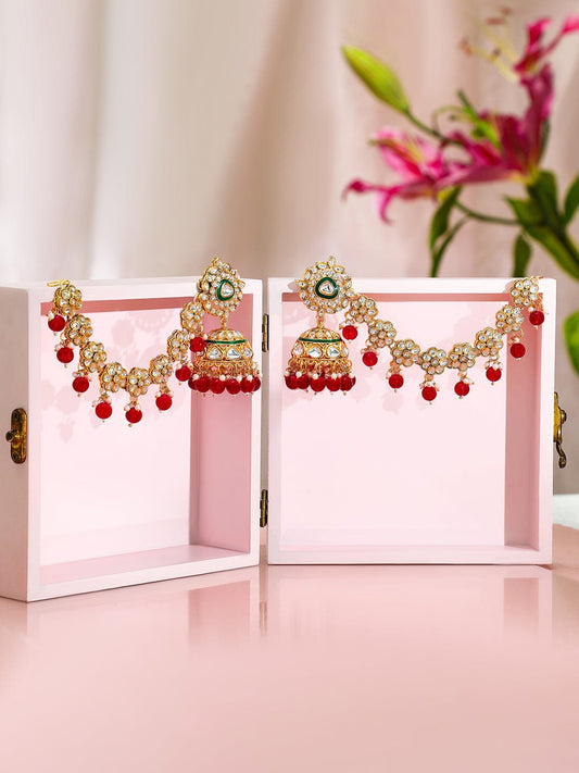 Royal Kaan Chain Kundan Red Jhumka Earrings Gold