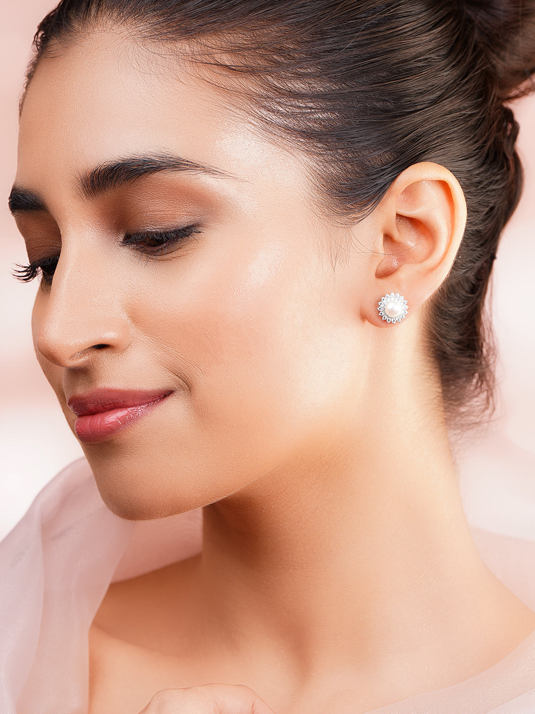 925 Fine Silver Rhodium Plated Floral Pearl Stud Earrings フリーサイズ